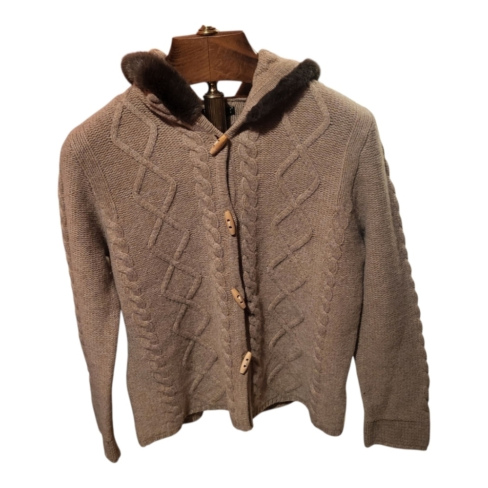 Carole Little Camel Cable Knit Hooded Faux Fur Wool Cardigan Sweater Size Medium
